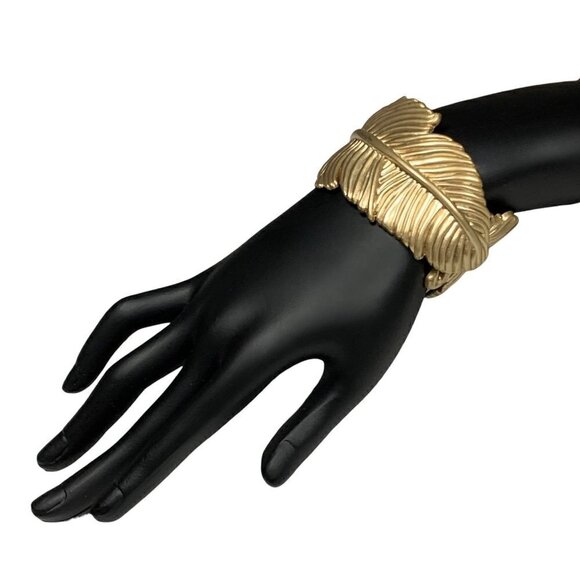 Gold Feather Hinge Statement Bangle Bracelet For Women - Picture 2 of 7